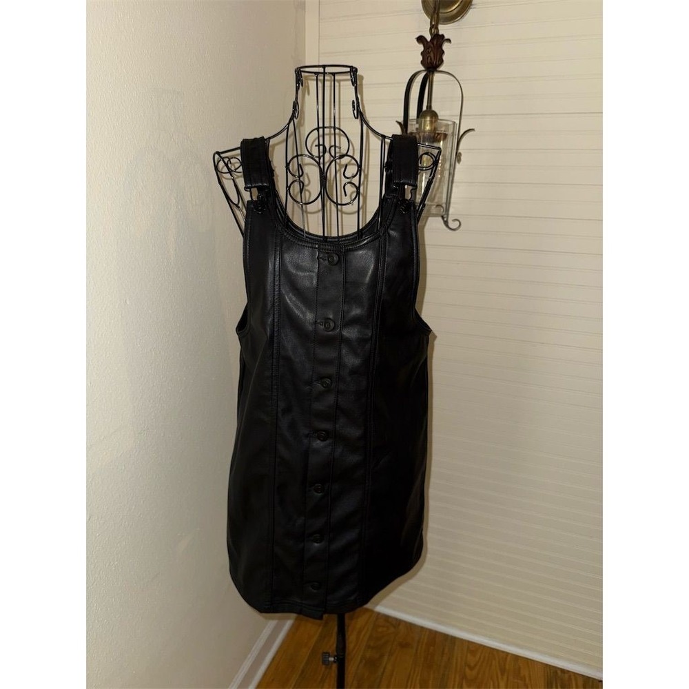 Women's Black Vegan Leather Goth‎ Pinafore Dress S Short dark academia kidcore